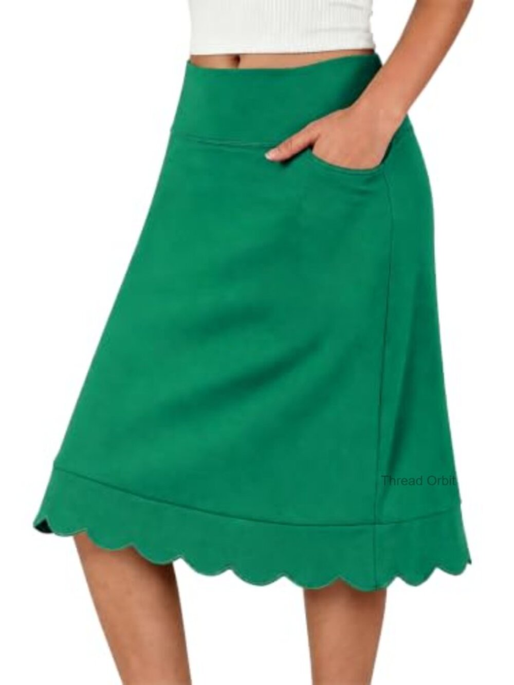 Women's Knee Length Scallop High Waist A-Line Tennis Skort with Pockets
